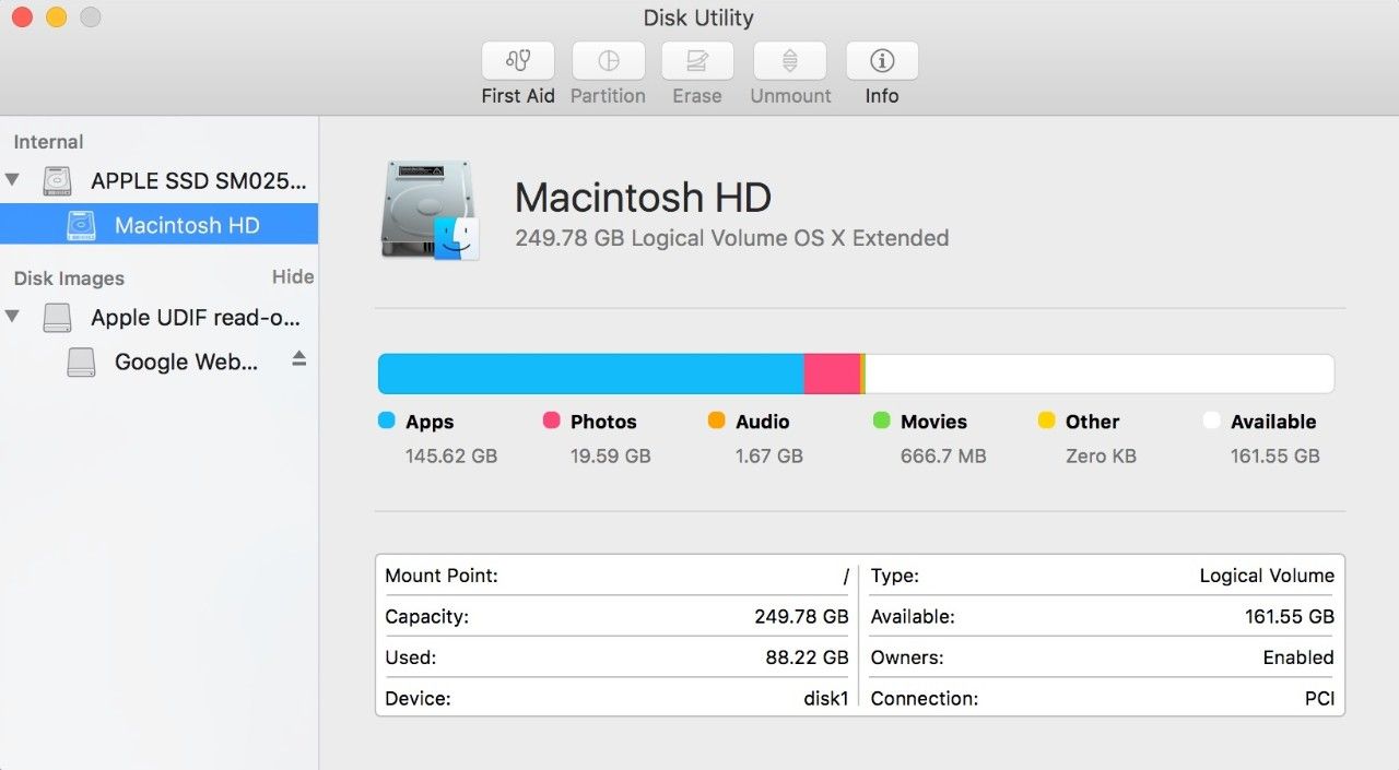 Mac의 디스크 유틸리티 팝업 윈도우 스크린샷