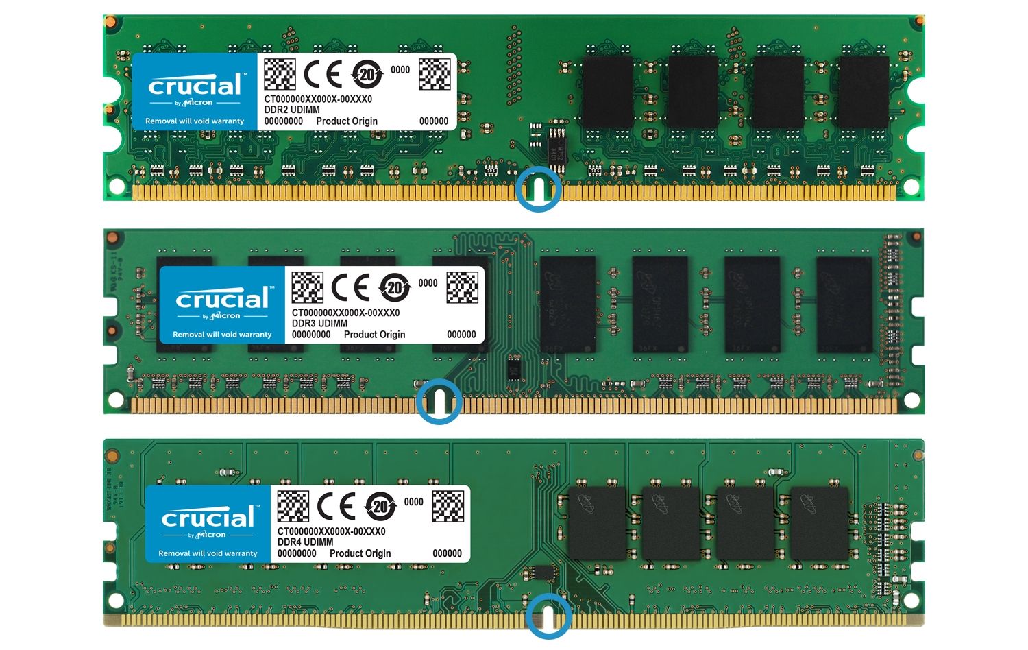 Crucial RAM 메모리 모듈의 3개 세대는 나란히 배치되므로, 각 세대별 메모리의 실제 모양에서 변경 부분을 쉽게 확인할 수 있습니다.