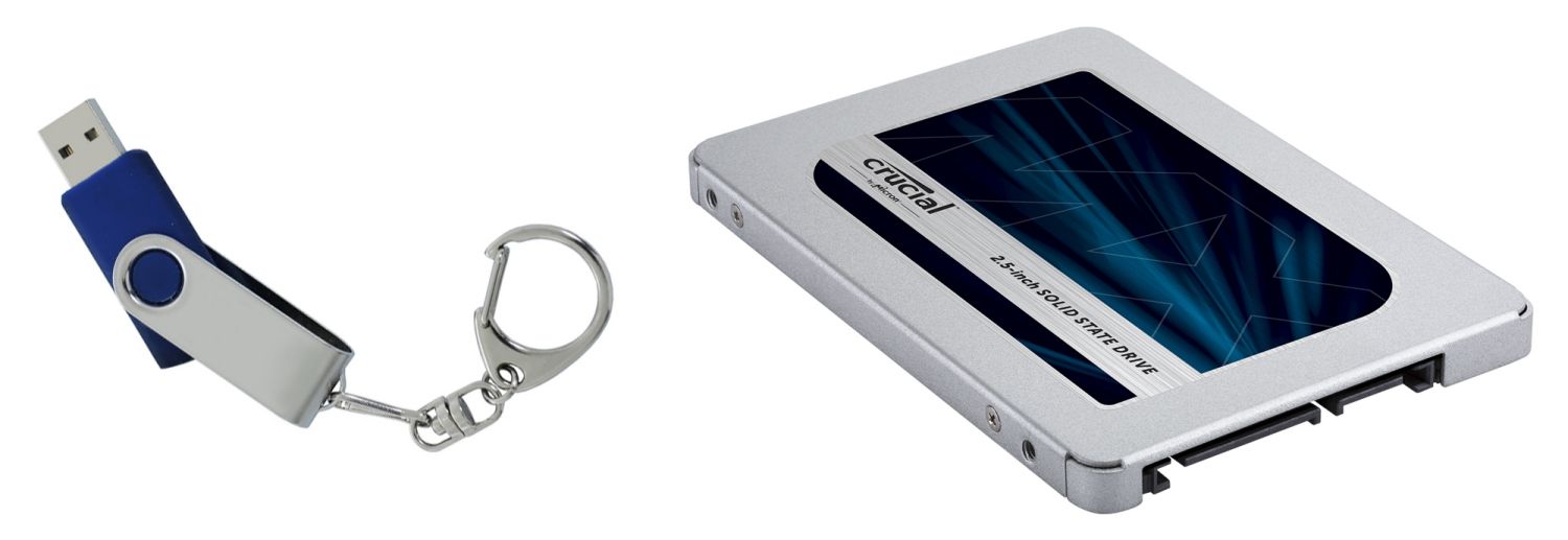 USB 플래시 드라이브 및 Crucial SSD와 같은 비휘발성 스토리지의 두 가지 예시