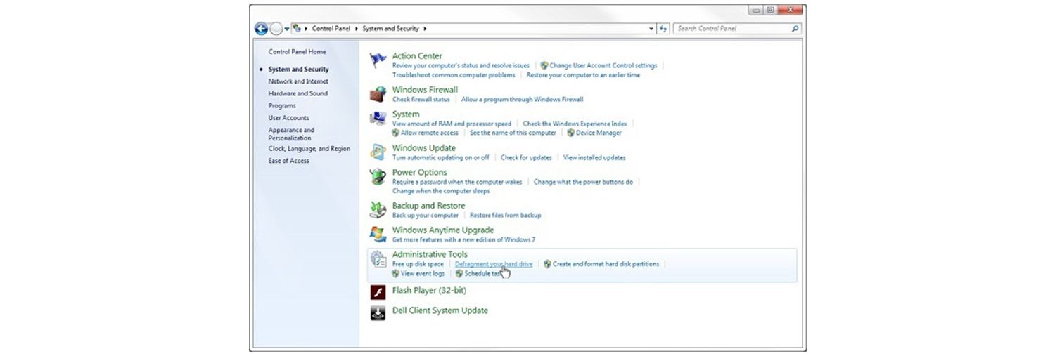 Windows 7의 시스템 및 보안 팝업 창의 하드 드라이브 조각 모음 링크에 올려져 있는 손 모양 포인터
