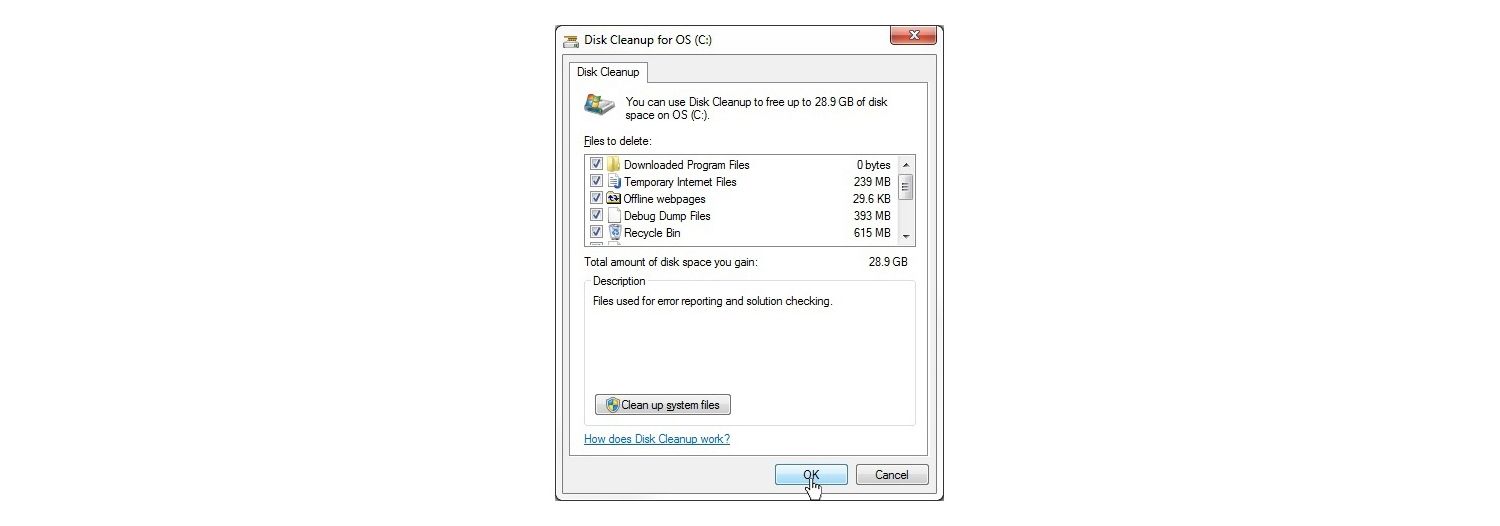 Windows 7 OS의 디스크 정리 팝업 창