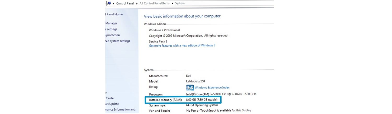 Windows 컴퓨터의 메모리 용량을 확인하는 방법을 보여주는 스크린샷.